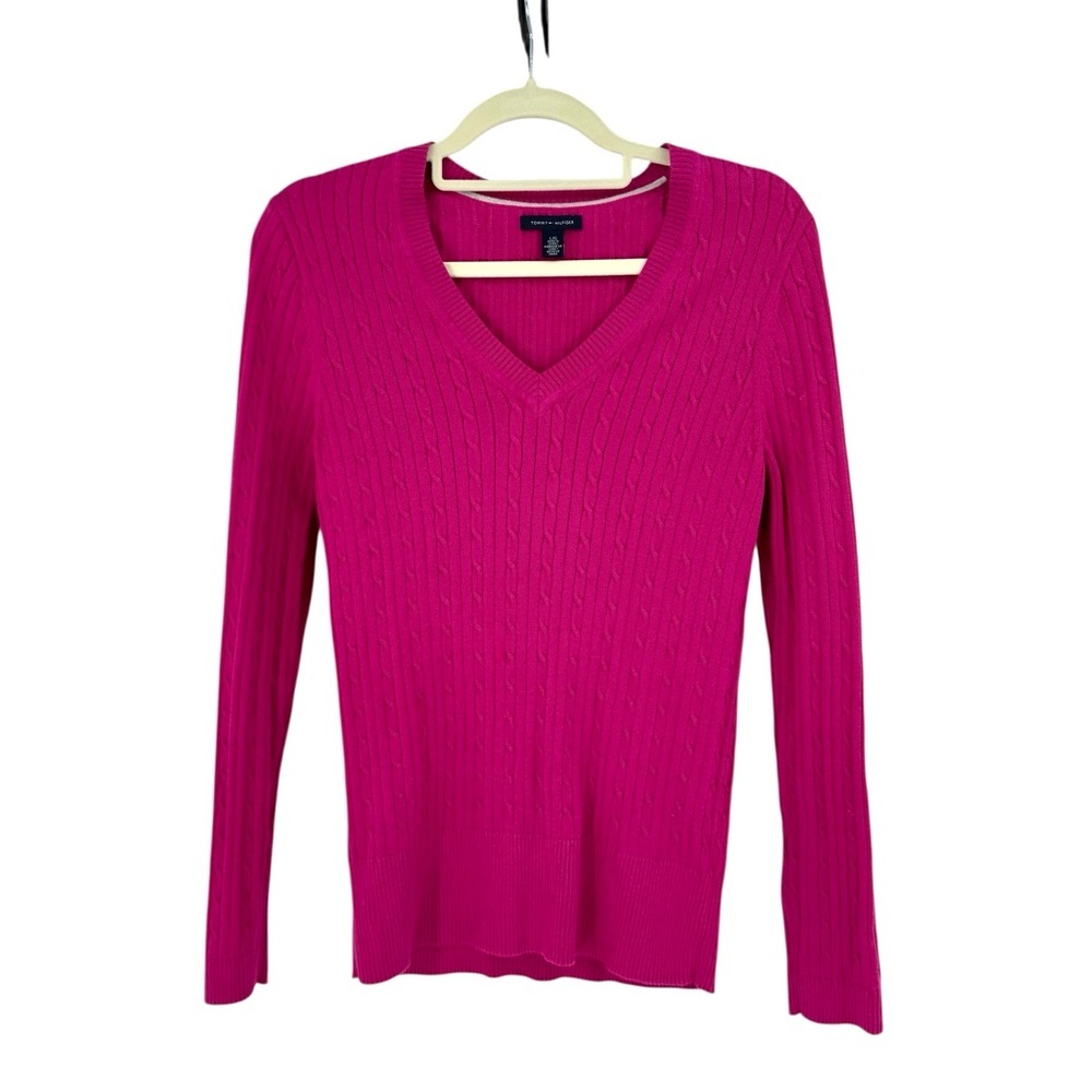 Tommy Hilfiger Hot Pink Cable Knit V-Neck Sweater Women’s Large Vibrant Preppy